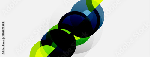 Abstract design features overlapping circles, vibrant greens, blues, black. Minimalist composition with soft gradients, clean aesthetic.