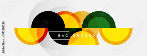 Abstract design features overlapping circles, vibrant colors, modern aesthetic. Simple shapes create dynamic composition. Background text present.