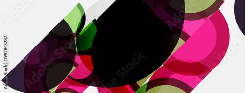 Abstract composition. Overlapping shapes, vibrant colors, modern design. Pink, green, purple hues dominate visual space.