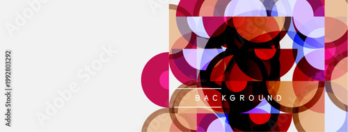 Abstract colorful circles overlap, creating dynamic visual texture. Right side features vibrant hues, left is plain white space.