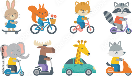 Cute animals riding transport set, cartoon characters on bikes scooters and cars