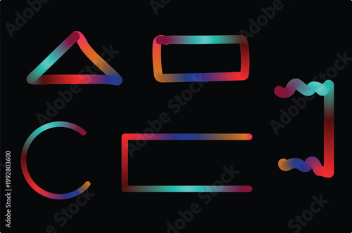 Abstract neon geometric shapes like circle triangle and rectangle on black background.