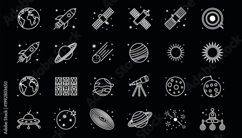 Space Icons Set Astronomy Outline Planets Rocket Satellite Galaxy Universe Illustration
