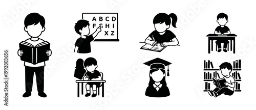 Children Education Icons Set: Students Reading, Writing and Learning in Classroom. Black and White Vector Illustration for School, Preschool, Kindergarten and Academic Study Concept on White Backgroun