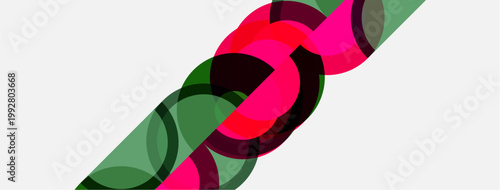 Abstract design features overlapping circles, pinks, greens, dark shades. Diagonal composition creates dynamic visual flow. Modern aesthetic.