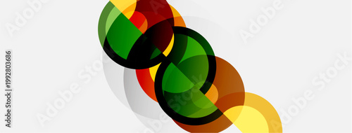 Abstract circles overlap, creating vibrant color blends. Design features gradients, transparency, modern aesthetic. Simple composition, clean lines.