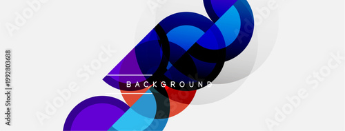 Abstract geometric shapes overlap, creating dynamic composition. Blue, purple, orange hues dominate white space. Modern design element.