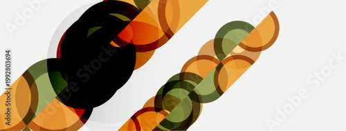 Abstract design features overlapping circles, warm colors dominate composition. Diagonal lines create dynamic visual effect. Modern, minimalist aesthetic.