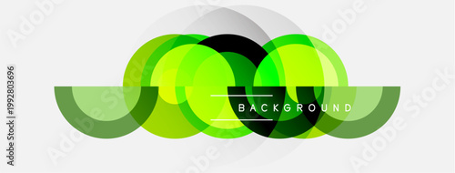 Abstract design features overlapping green circles, gradients, text label. Minimalist composition, modern aesthetic, clean lines present.