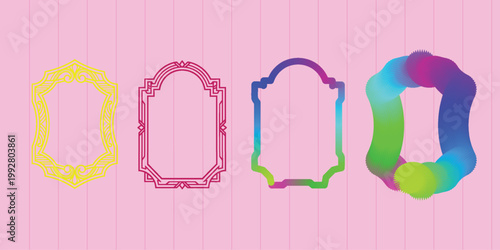 Four decorative frames in various styles and colors set against a light pink background.