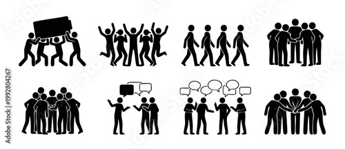 People Group Icons Set, Teamwork and Collaboration Pictograms, Business Communication and Social Interaction Symbols, Unity and Success Concepts, Vector Black Silhouette Collection on White Background