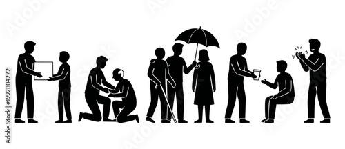 People Helping Each Other Silhouette Set, Acts of Kindness and Community Support Concept, Diverse Charity and Volunteering Activities Vector Illustration Featuring Empathy and Social Responsibility Ic
