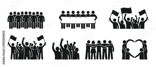 People Protest Icons Set - Crowds Holding Flags and Banners, Unity and Community Concepts, Vector Illustration, Black and White Pictogram Collection for Social Activism, Political Rally and Public Mov