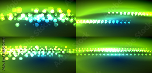 Bright bokeh effects over dark green backgrounds. Four panels display varying light concentrations, creating dynamic visuals.