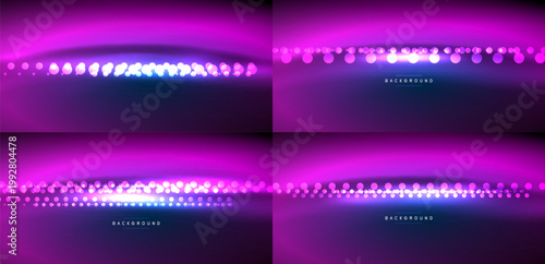 Four abstract backgrounds. Purple gradients, bright dots create light lines. Minimalist design, dark space dominates composition.