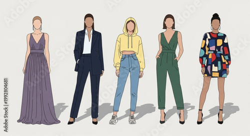 Diverse group of women showcasing different fashion styles and outfits.