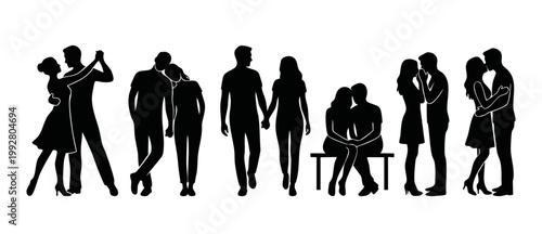 Couple Silhouettes Collection Dancing Walking Sitting Kissing Set. Romantic people figures in various intimate poses for wedding, anniversary, valentine's day design, isolated on white background vect