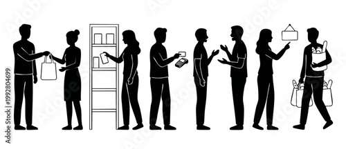 People shopping set silhouette icons, grocery store customers buying food, paying with credit card and carrying paper bags with products, minimalist black and white isolated vector illustration design