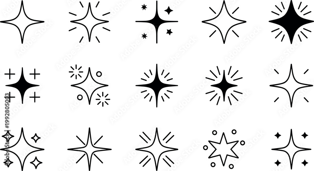Fototapeta premium Sparkle Star Icons Set Shine Glitter Light Magic Outline Illustration Collection