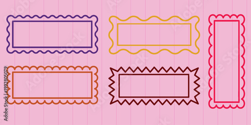 Set of five vibrant decorative rectangle frames with scalloped and zigzag edges on a pink backdrop.