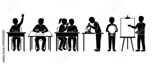 School Children Classroom Activities Silhouette Set, Students Studying And Learning Icons, Educational Process Infographic Elements, Kids In School Environment Isolated On White Background, Simple Vec