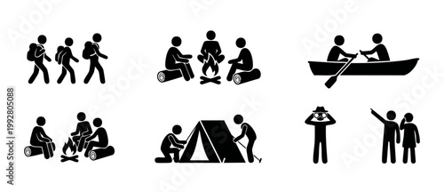 Camping Activities Icons Set, Hiking and Outdoor Adventure Symbols for Travel Apps, Silhouette Pictograms of People Backpacking, Sitting by Campfire, Rowing Boat, Setting Up Tent, Watching Nature and