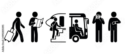 Travel Tourism Icons Set, People Traveling with Luggage, Airplane and Bus Passengers, Tourist Activities Collection for Infographics, Mapping, and Navigation Signage Systems, Black Vector Pictograms.