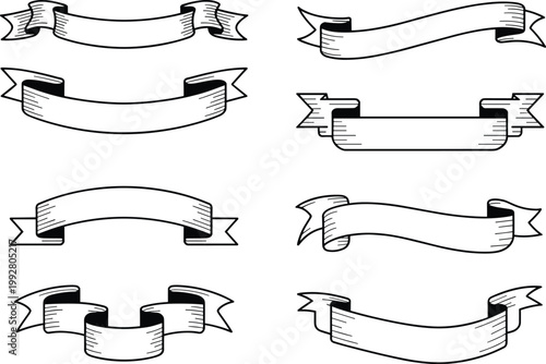 Hand drawn ribbon banners set, vintage scroll labels sketch illustration for design
