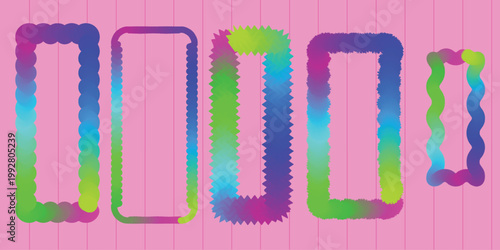 Abstract composition of five colorful pixelated rectangular frames on a pink background