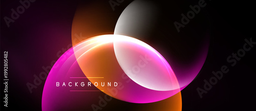 Abstract neon shapes overlap, creating vibrant glow. Dark background emphasizes bright colors, modern design element.