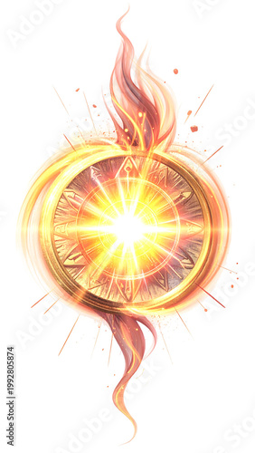 A radiant, abstract symbol composed of a central, bright starburst, enclosed in a golden-hued, circular element, with flame details