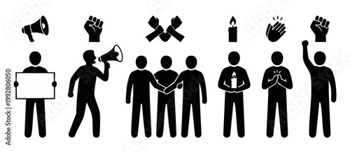 Protest and Activism Icons Set, People Demonstrating for Social Justice and Human Rights, Silhouette Vector Graphics Showing Megaphone, Raised Fist, Unity, Vigil Candle, Clapping, and Holding Signage