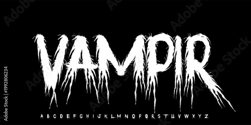 Vampir font. Y2k Dark Lettering tattoo vector type font. Grunge style type font with Gothic Punk Rock and Death Metal signs and symbols. Scary tattoo font 00s concept.	
