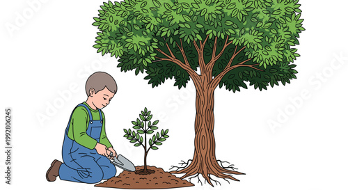 A young boy in blue overalls is kneeling and planting a small green sapling with a silver trowel next to a large mature tree on brown soil with a white background.
