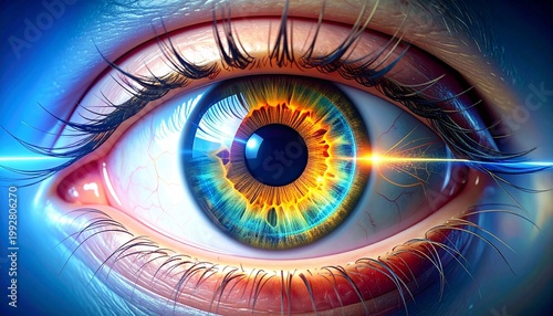 A close-up human eye with fiery orange, yellow, and blue iris radiance, symbolizing vision, energy, and perception.