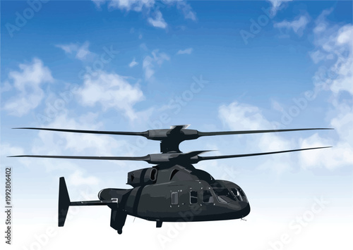 080-07-Helicopter advanced military coaxial rotor helicopter flying with a blue sky background