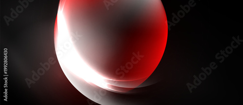 Red sphere with white glow. Smooth gradients create abstract visual impact. Dark background emphasizes bright form. Minimalist design.