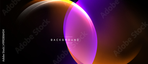 Abstract design features overlapping colorful circles. Gradient hues blend orange, purple, pink against black backdrop. Modern, dynamic composition.