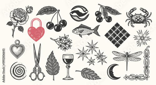 Photos Assorted Tattoo Style Icons Including Rose Heart Lock Scissors Wine Leaf Moon Dr