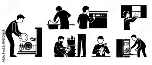 Dishwashing people icons set, cleaning dishes and kitchen chores vector collection, man washing plates, drying utensils and loading dishwasher machine, simple black silhouette graphics for domestic ho
