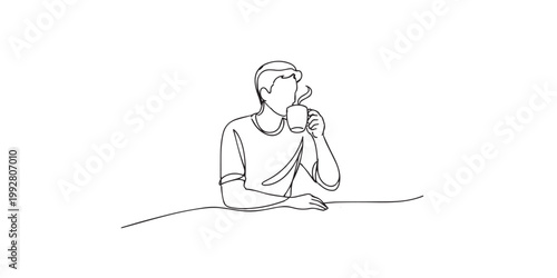 single line abstract man drinking coffee in morning.continuous line drawing of calm daily ritual.relaxed lifestyle concept.minimal modern style.one line vector illustration.