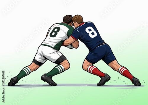 080-13-Two competitive rugby players battling for the ball during a game
