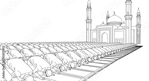 A vast congregation of individuals in traditional white garments prostrates in prayer on a series of mats before a large multi-domed mosque.