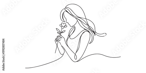 single line abstract woman smelling flower.continuous line drawing of calm feminine figure.peaceful emotion concept.minimal modern style.one line vector illustration.