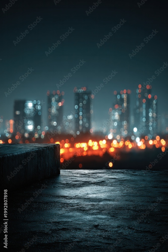 Fototapeta premium City skyline at night with bokeh lights and waterfront