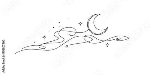 single line abstract crescent moon at night.continuous line drawing of quiet midnight sky.peaceful minimal concept.modern style.one line vector illustration.