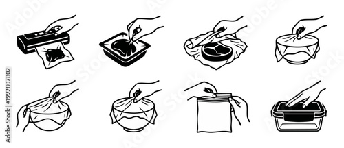 Food storage methods icon set, professional food preservation techniques for home cooking, kitchen preparation instructions, vacuum sealing, plastic wrap, container lids and freezer bag step by step g