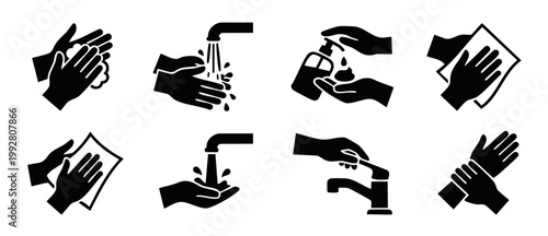 Hand Washing Icons Set Personal Hygiene Steps for Health and Safety Protection Black Silhouette Symbols for Medical Clinic Bathroom Instructions Healthcare Cleaning Routine Prevention Vector Collectio