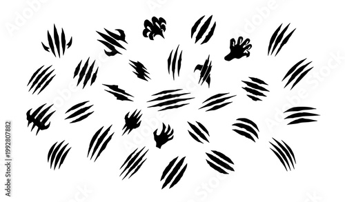 Claw mark slash vector set with torn scratch effects for horror and gaming design isolated on white background