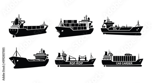 Black silhouettes of various cargo and passenger ships displayed in a row